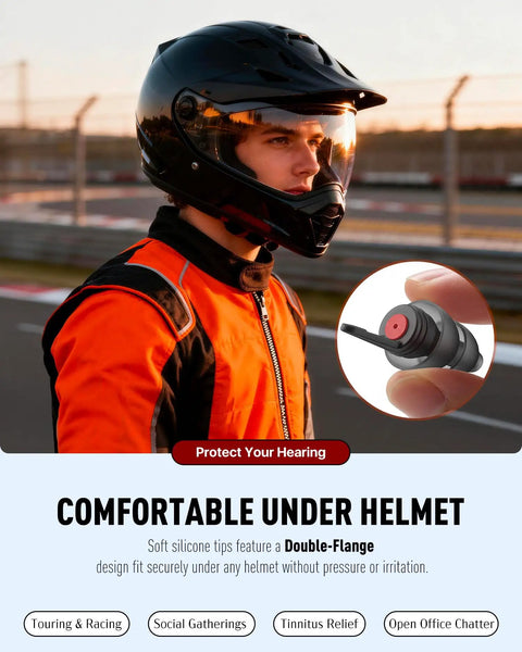 Motorcyclist wearing helmet with inset image of Wind Noise Reducing Ear Plugs For Motorcycles 2 Pairs Reusable Hearing Protection Under Helmet Soft Comfortable Fit For Touring Racing Riding 25dB Noise Reduction With Clear Communication Ideal Biker Gift.