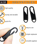 Luggage Zipper Pull Replacement Set For Travelers, Alloy Metal Tabs, 6 Pack, shown with hand holding one black clip, easy swap features.