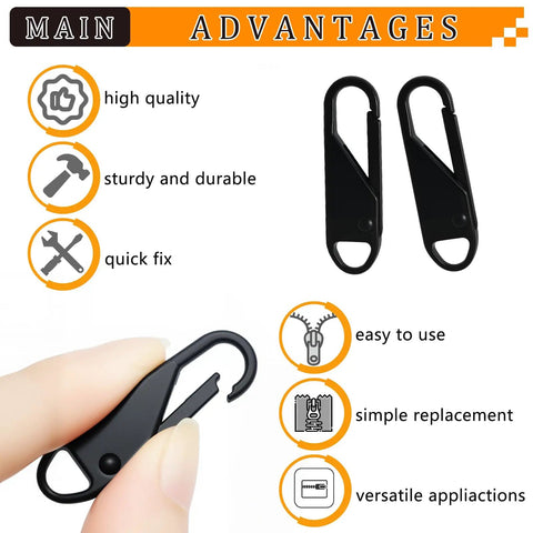 Luggage Zipper Pull Replacement Set For Travelers, Alloy Metal Tabs, 6 Pack, shown with hand holding one black clip, easy swap features.