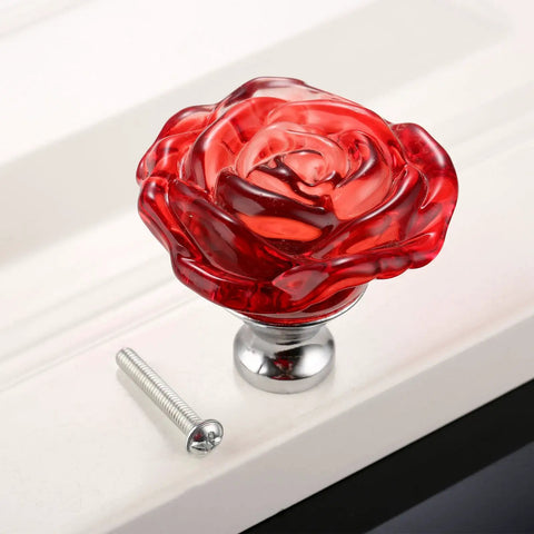 Kick Up Decor With Super Slick Red Glass Dresser Knobs And Rose Crystal Drawer Handles In This 5 Piece Set of Smooth Furniture Pulls with Screws for Cabinet Doors and Vanity Upgrade, red rose-shaped glass knob and screw.