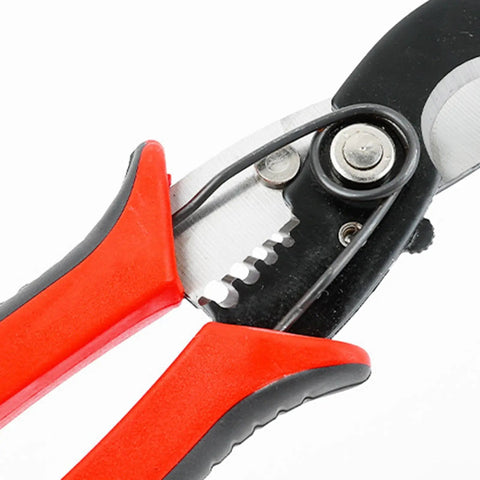 This 8 Inch Electric Wire Stripper And Cable Cutting Tool Is Made From Durable 65 Manganese Steel For Heavy Duty Use showing red rubberized grips.