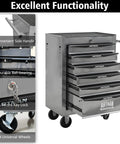 Industrial Grade Rolling Tool Storage Cabinet With Tough Steel Top And Glide Smooth Ball Bearing Slides Mobile Garage Chest With Brake Caster Wheels For Weekend Warriors And Daily Shop Grind Projects Silver with secure key lock and side handle.