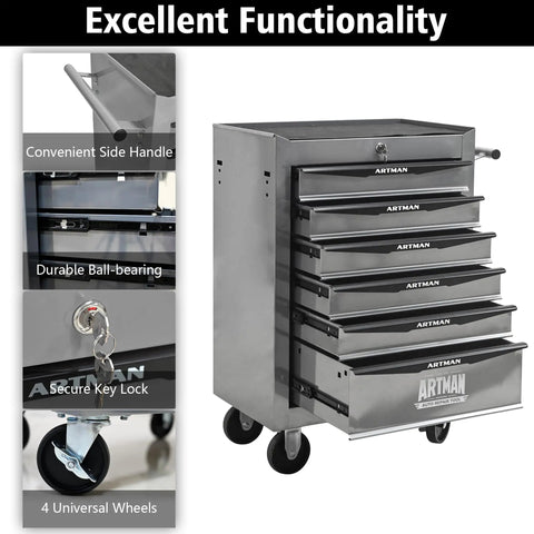 Professional Grade Roll Smooth Lock Tight Tool Storage Cabinet With Sturdy Steel Top And Heavy Duty Ball Bearing Slides For Your Ultimate Garage Setup Silver Finish with secure lock and durable ball-bearing slides.