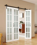 Bi-Fold Barn Door Kit 42 By 84 Inches With 10-Lite Tempered Frosted Glass Panels And Sliding Hardware For Two Doors White MDF Closet Slab 3.83 Foot Track Space Saving Modern Home Upgrade