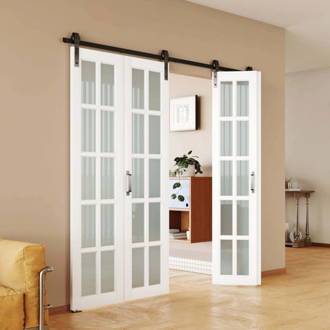 Bi-Fold Barn Door Kit 42 By 84 Inches With 10-Lite Tempered Frosted Glass Panels And Sliding Hardware For Two Doors White MDF Closet Slab 3.83 Foot Track Space Saving Modern Home Upgrade