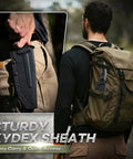 Person carrying Rugged Fixed Blade Survival Knife With D2 Steel Full Tang Outdoor Bushcraft Knife in Kydex sheath, hiking scene