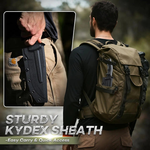 Person carrying Rugged Fixed Blade Survival Knife With D2 Steel Full Tang Outdoor Bushcraft Knife in Kydex sheath, hiking scene