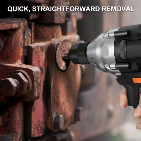 Fifteen Piece Bolt Extractor Kit With Three Eighths Inch Stripped Nut Remover in use on rusted bolt