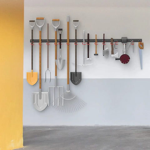 Solid Metal 64 Inch Wall Mount Garden Tool Organizer With 4 Rails And 16 Hooks For Garage hung with assorted tools
