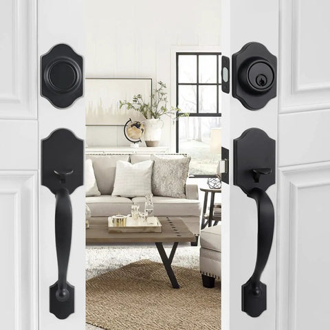 Double Front Door Handle Set With Knobs Matte Black Finish Keyed Handle And Dummy Front Door Lock for double doors
