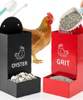 Automatic Gravity Fed Chicken Oyster Shell Feeder 2 Pack Large Capacity Grit Dispenser with black and red bins and chicken.