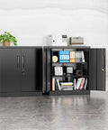 Metal Storage Cabinets 36 Inch Locking Cabinet With Doors And Adjustable Shelves For Home Office Kitchen And Garage Black Steel Utility Tool Cabinet Durable Tough As Nails Scratch Resistant And Easy To Clean For Heavy Duty Use with doors open showing interior storage with documents and stacks of files.
