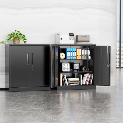 Metal Storage Cabinets 36 Inch Locking Cabinet With Doors And Adjustable Shelves For Home Office Kitchen And Garage Black Steel Utility Tool Cabinet Durable Tough As Nails Scratch Resistant And Easy To Clean For Heavy Duty Use with doors open showing interior storage with documents and stacks of files.