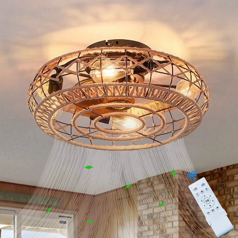 Woven Flush Mount Caged Ceiling Fan With Lights Remote Control 20 Inch Hemp Rope Rattan Enclosed Ceiling Fan Light 6 Speed Reversible Rustic Boho Style Low Profile Ceiling Light