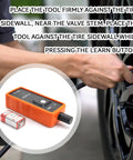 Universal TPMS Relearn Tool for Most Vehicles, Tire Pressure Sensor Reset and Activation, shown next to a car tire.