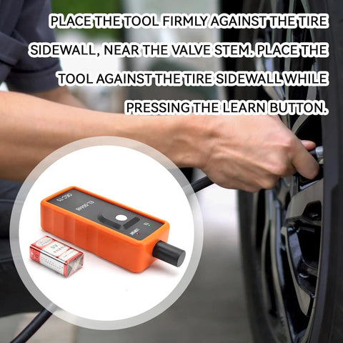 Universal TPMS Relearn Tool for Most Vehicles, Tire Pressure Sensor Reset and Activation, shown next to a car tire.