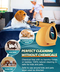 Ultimate Handheld Steam Cleaner For Home Use With 11 Accessories And 350Ml Tank cleaning around pets with a dog on the couch.