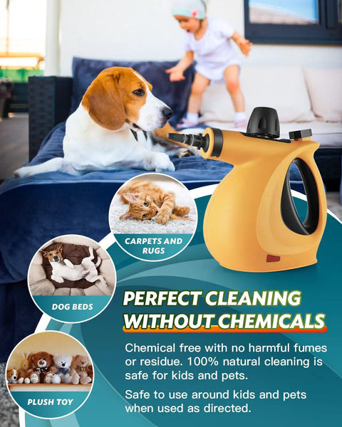 Ultimate Handheld Steam Cleaner For Home Use With 11 Accessories And 350Ml Tank cleaning around pets with a dog on the couch.