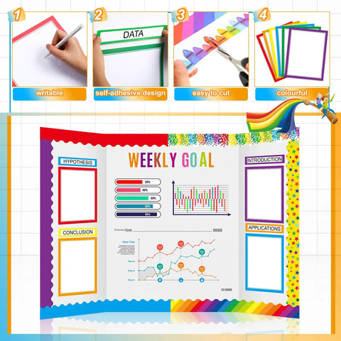 Rainbow Science Fair Board Kit with 60 scalloped borders, 24 subtitles, 6 stickers for colorful classroom exhibit display.