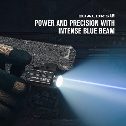 Baldr S Blue Beam Tactical Flashlight With 800 Lumens White LED mounted on firearm in action with intense blue beam