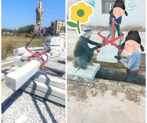 Built Like A Tank Heavy Duty Stone Lifting Clamps To Move Granite Slabs And Marble Bricks With Rock Solid Grippers Up To 1300Kg Capacity in use lifting stone slabs at a construction site.