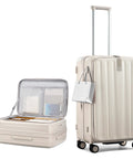Front view: ivory 24-inch expandable hard-shell luggage with wheels; open carry-on shows interior pockets.