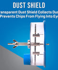 Close-up of adjustable round hole cutter with vacuum port and dust shield for ceilings, walls, and floors, side view.