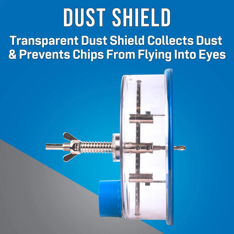 Close-up of adjustable round hole cutter with vacuum port and dust shield for ceilings, walls, and floors, side view.