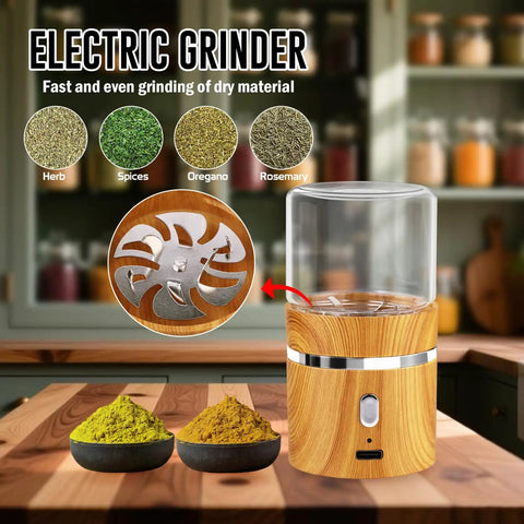 Compact Electric Herb Grinder With Dual 50ml Glass Jars 2in By 3.5in Portable Spice Grinder showing high efficiency blades