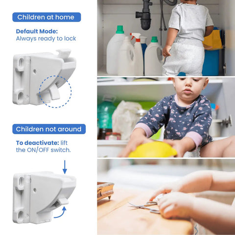 Magnetic Cabinet Locks 10 Pack For Baby Proofing Cabinets And Drawers With Adhesive Mounting No Drilling Easy Install Cupboard Safety Latches in use on cabinets with children