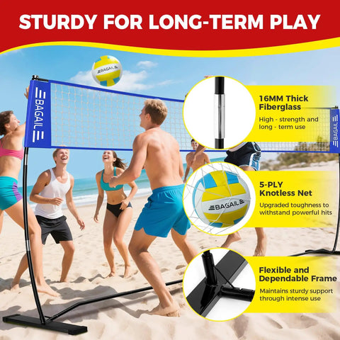 Portable 12Ft Volleyball Net Set For Backyard Bash With Adjustable Height, blue net, freestanding frame on beach