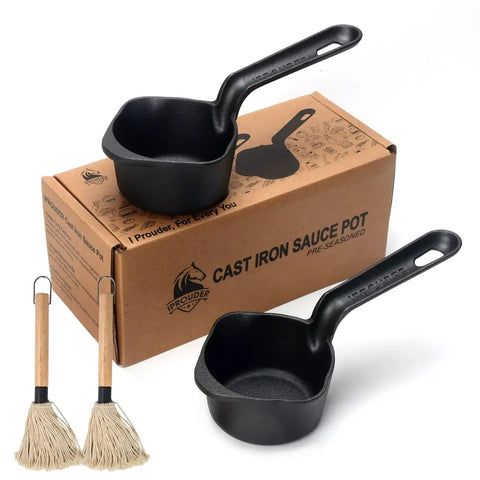 Cast Iron Sauce Pan And Basting Pot Set With BBQ Mop Brushes for grillin melting butter campin and stove top cooking two piece