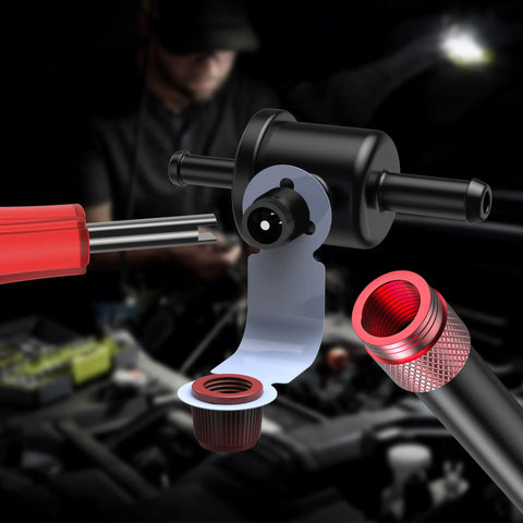 EVAP service port adapter kit with valve removal tool; blue mounting bracket and red knurled connector for testers