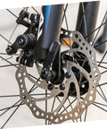 Close-up of Complete Mechanical Disc Brake System For Mountain Bike Front And Rear With Forged Aluminum Calipers and rotor.