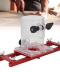 Zunate wood trimmer router base with 2-in-1 aluminum alloy slotting bracket on clear base with red frame and clamps.