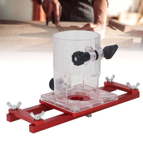 Zunate wood trimmer router base with 2-in-1 aluminum alloy slotting bracket on clear base with red frame and clamps.