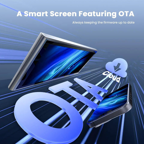 Portable Wireless CarPlay Screen For CarPlay And Android Auto with OTA updates visible, blue digital theme, cloud graphic