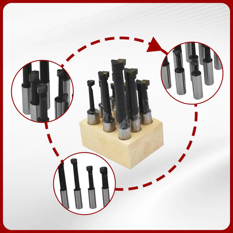 Nine Piece Boring Bar Set With One Half Inch Shank C6 Carbide Tipped Bars For Lathe And Milling Tools Kit displayed in base