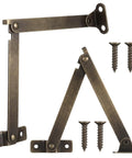 2 Pack Lid Support Hinges Antique Bronze Folding For Wooden Boxes Jewelry Cases Display Furniture Cabinets Cupboards Includes 10 Mounting Screws Rust Resistant Iron 7.6 Inch Extend When Open And 4.3 Inch Closed Built Tough showing hinge and screws