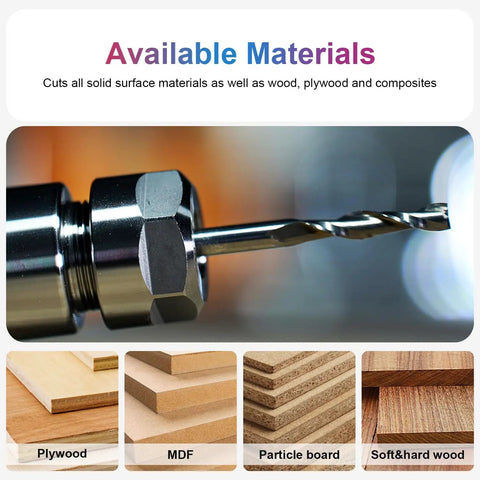 Close-up of Pro Grade Five Piece Up Cut Spiral Router Bits Set with tungsten carbide tip cutting wood and composites.