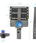 High Output 300W LED Parking Lot Light dimensions and side view shown with aluminum housing