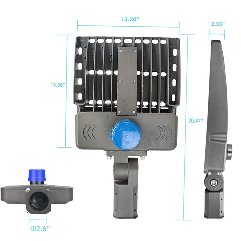 High Output 300W LED Parking Lot Light dimensions and side view shown with aluminum housing