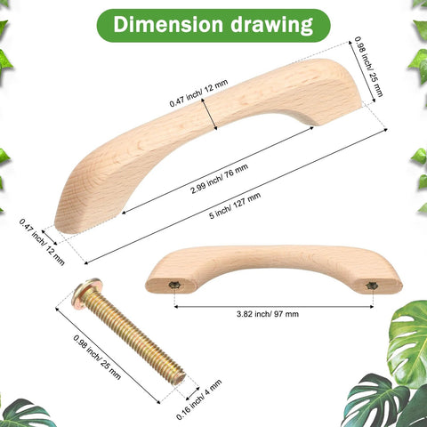 Dimension drawing of Wood Drawer Pulls Set Of 30 Unfinished Cabinet Handles With Screws 5 Inch, 97mm center to center, natural finish.