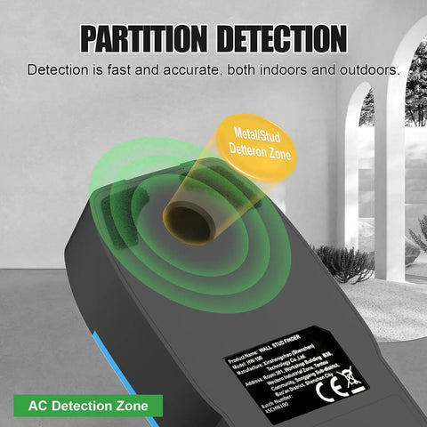 6-in-1 Stud Finder Wall Scanner Auto Shutoff LCD (Blue) displaying partition detection zones for accurate stud locating.