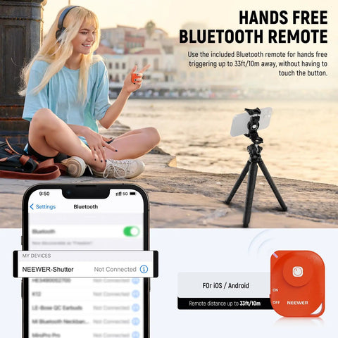 Woman using Mini Flexible Phone Tripod With Remote For iPhone Desktop Stand Vlog Selfie Stick On The Go with phone holder outdoors
