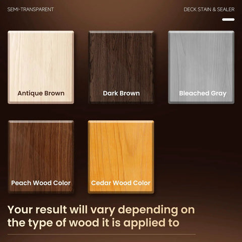Color samples of Hella Tough Heavy Duty Outdoor Wood Stain And Sealer Combo for Deck Fence and Patio Furniture 32 Oz Can.