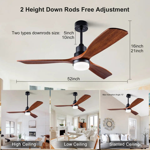 Boss 52 Inch Ceiling Fan With Light Wood Finish Three Blade Design shown with different ceiling installations
