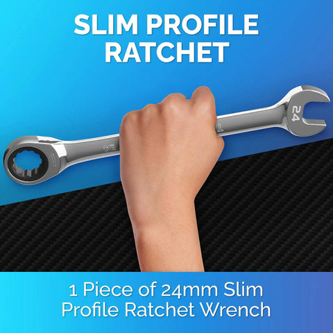 Hand holding Ratcheting Wrench Set With Slim Profile 24 Mm Chrome Vanadium Steel Built To Last For Auto Repair Tool