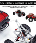 One Tenth Scale RC Tow Rig Crane Kit For Crawler Rigs Beefed Up Heavy Duty Winch Stent Wrecker With Trailer Hook Fits TRX4 SCX10 II Capra LCG Chassis DIY Parts Update In Silver Expandable Width For Off Road RC Builds shown installed on red 1/10 scale RC crawler