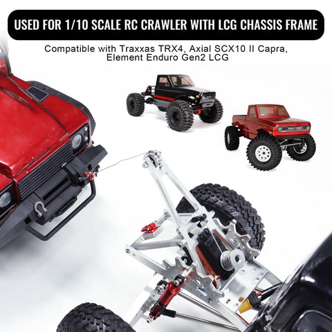 One Tenth Scale RC Tow Rig Crane Kit For Crawler Rigs Beefed Up Heavy Duty Winch Stent Wrecker With Trailer Hook Fits TRX4 SCX10 II Capra LCG Chassis DIY Parts Update In Silver Expandable Width For Off Road RC Builds shown installed on red 1/10 scale RC crawler